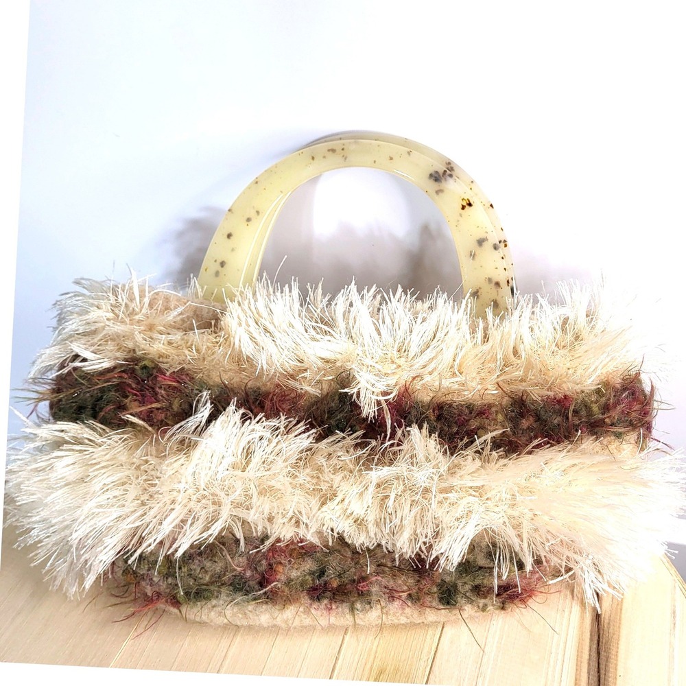 Vintage Womens Shaggy Fringe Handbag Lucite Handles Wool Blend Cream Multi Small